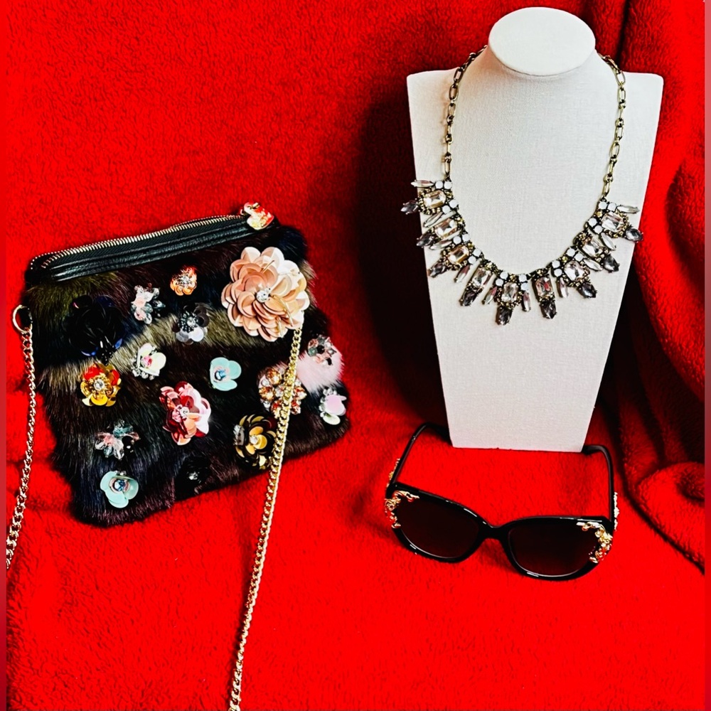 Betsey Johnson Bundle (Sunnies & Bag) with Vintage Unbranded Necklace